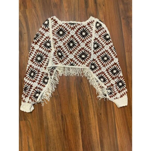 House of Harlow 1960 Crochet Brown & Red Granny Square Hippie Shawl, OS - Picture 3 of 4